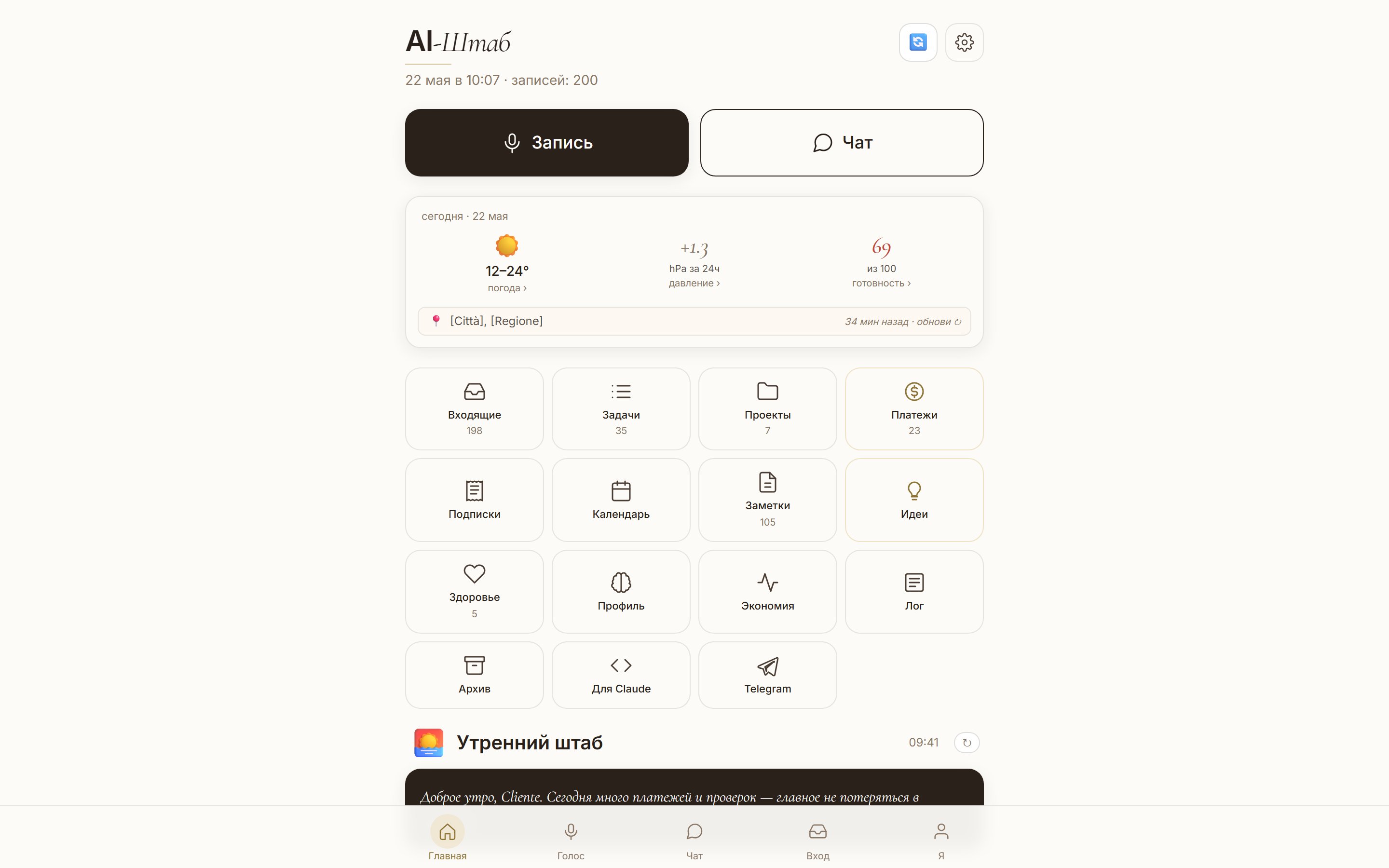 Schermata principale del pannello: cards di smistamento — entrate, compiti, progetti, pagamenti, salute, idee — più meteo e pressione atmosferica nel widget di testa. UI in russo, anonimizzato (interfaccia della cliente)
